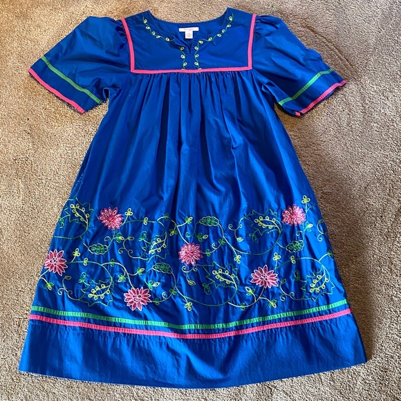 Go Softly Patio Embroidered Blue Pink Cotton Dress Size Medium - Picture 1 of 10